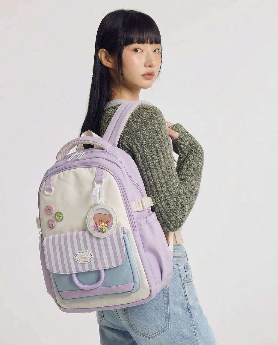 Korean School Backpack with Padded Back Stripes