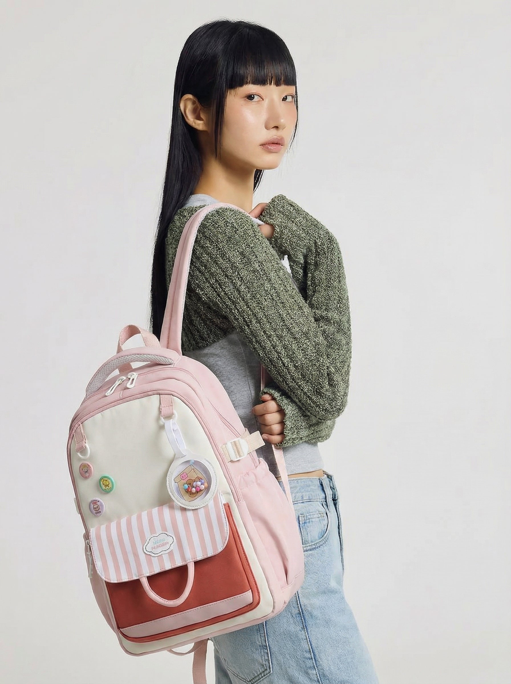 Korean School Backpack with Padded Back Stripes